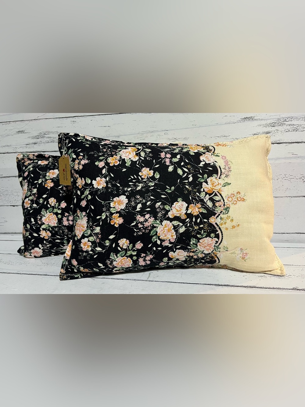 Set of 2 Handmade Sewn Floral Pillows Black Cream Cottage Farmhouse New